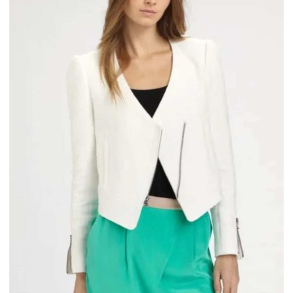 Tibi White Moto Jacket Blazer Textured Cotton Asymmetrical Zip‎ Size 6 Tweed